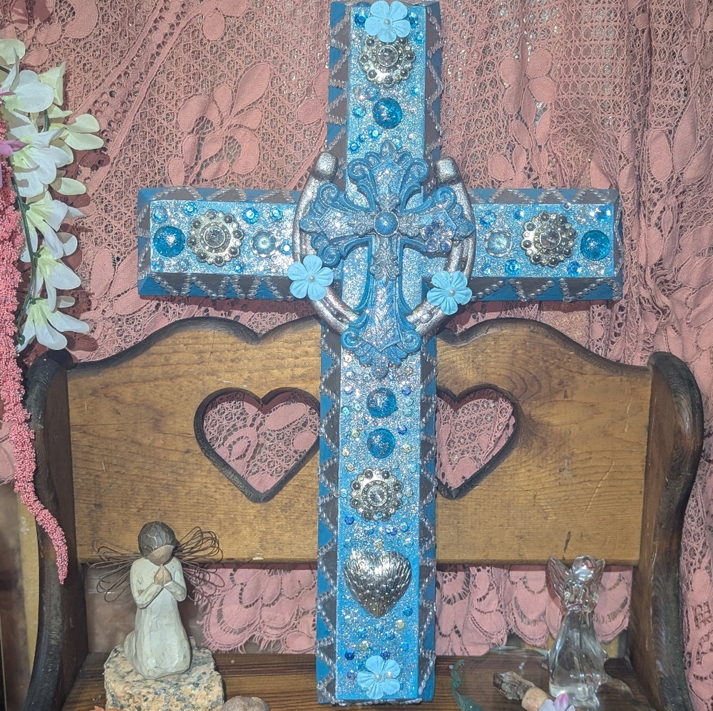 Handcrafted Blue Decorative Cross Wall Art